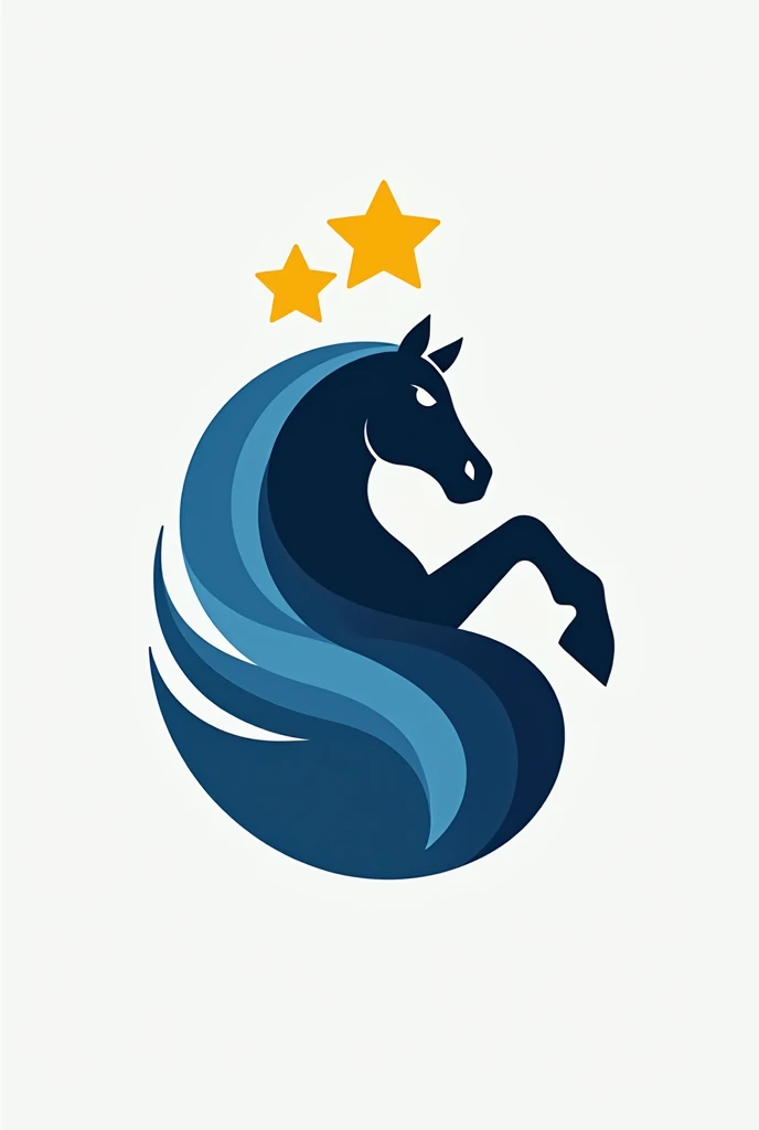 a minimalistic logo with a blue and black horse and two yellow stars on top