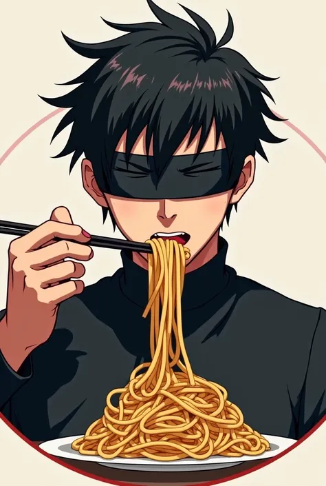 Make a male character eat pasta with two sticks and his eyes must be blindfolded do him when he is in the anime do this as if it were to put in a profile picture