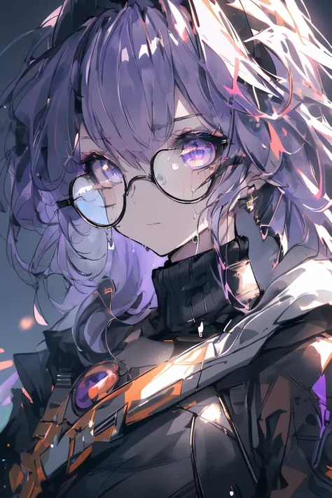 (Unity 8k wallpaper, 32k, ​Masterpiece, Super detailed full shot:1.5, ultra high resolution, highly detailed eyes, sweat, dynamic light on hair, light on skin), 1girl, big tits, wears a jacket, purple dark hair, wears black glasses on the top of her head.