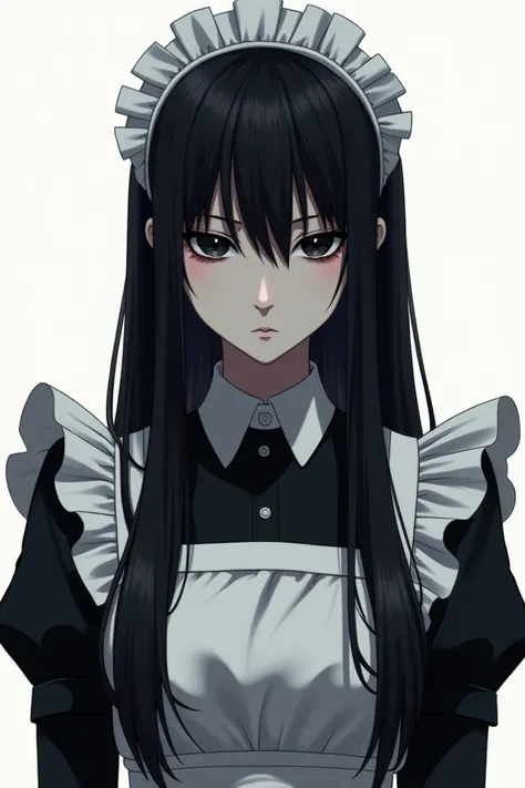 Black hair, long hair, dark eyes, expressionless, cool maid girl, Slander ID photo, persona picture, white background