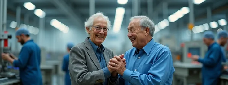 Elderly couple happy after being cured of diabetes .  The photo must be at the factory where the manufacturing equipment is located and on the background written Insulife
