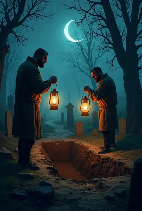 A scene of gravediggers frightened by the light of ,  lamps looking at an empty grave with an expression of dread.