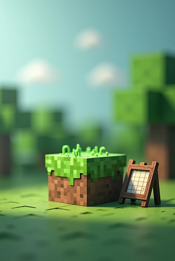 A Minecraft square block of grass and 61Craft stands in FRONT of the grass block