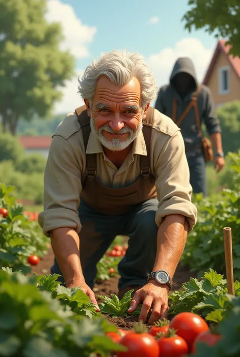 They knew him and loved him, as he distributed smiles and jokes.  while he is busy picking his vegetables, a strange man appears behind him .