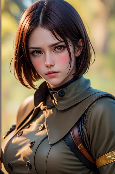 (Best image quality, highest quality, Highest Resolution, Ultra-Realistic Images, Very detailed, masterpiece, 8k), One Woman, Brown medium hair, Khaki military uniform, Leather gloves, ((With a blue whip)), big Breasts, blush, serious look, Browsing Cautio...