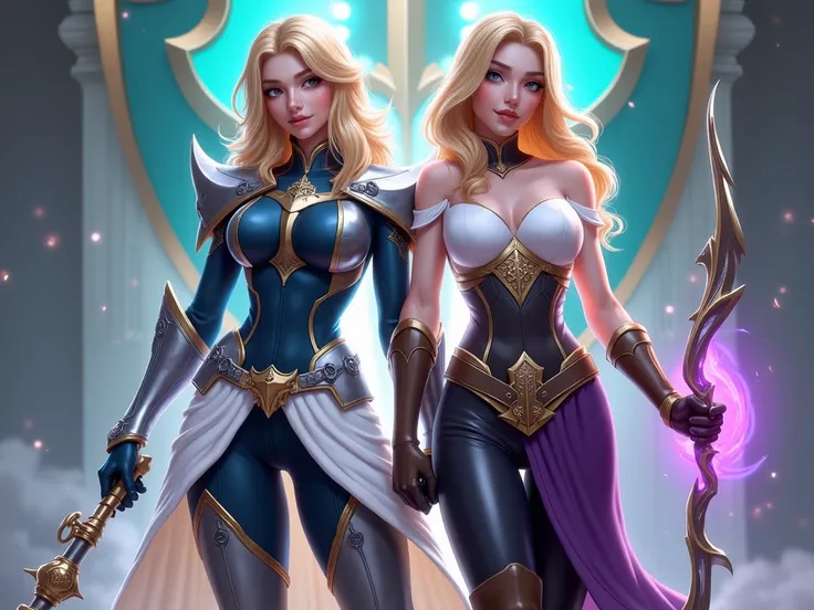 female character from League of Legends called Lux, character that has armor and Bodysuit:

The character wears a sleek, fitted bodysuit in a dark blue or navy color.
Over the bodysuit, there are metallic armor pieces with a silvery sheen. These include:
A...