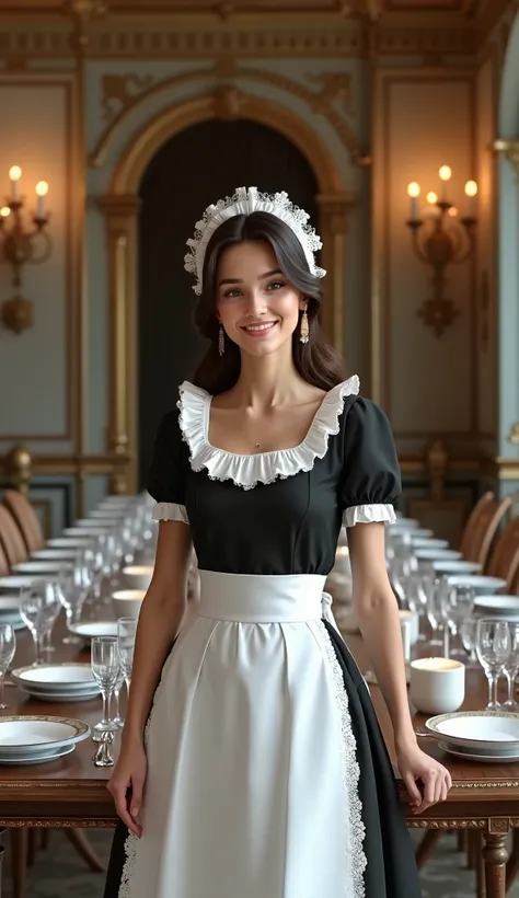 A realistic scene of a Beautiful female as she is Italian maid, wearing Italian outfit at an expensive luxurious house, 4k detail light smile, standing beside large & luxurious dining table. 