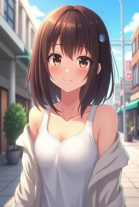 A close view of young anime woman standing outside on a street, with shoulder-length brunette hair and dark brown eyes, wearing white tank top with neckline and white office jacket, looking with smile