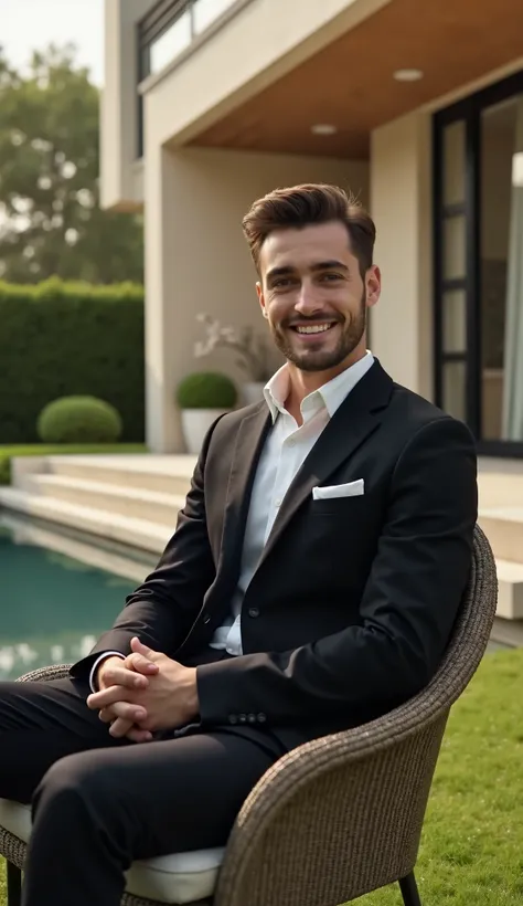 A realistic scene of a outside large & luxurious house, where a young man sitting on modern chair at garden, wearing Expensive black suit, looking at viewer with light smile, with a luxurious lifestyle.