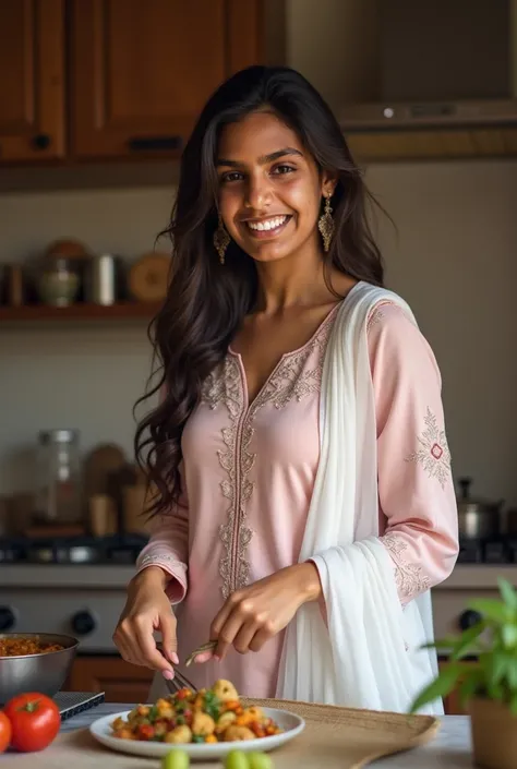 the a indian married woman smiling while cooking food in the kitchen wearing wet Women light pink Pure Cotton tight light Kurta and white loose haryanvi salwar with white Dupatta ,long hair, smoky Arabic eye makeup, tight blouse and tight saree revealing t...