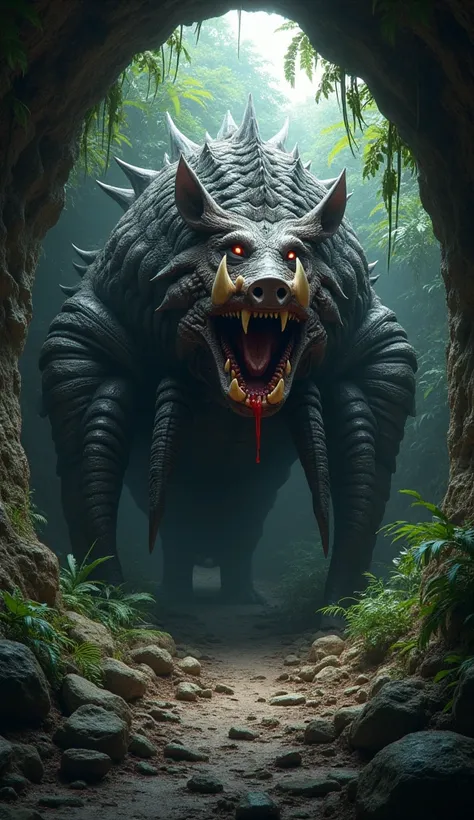 Mutant hybrid of a scolopendra with the head of an angry and roaring boar coming out of a cave at night in the jungle 