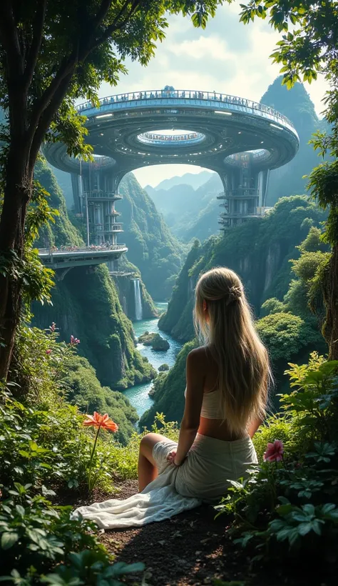 A serene, futuristic pastoral scene, beautiful detailed woman with long flowing hair sitting in a lush, verdant garden, surrounded by gleaming metallic structures and advanced technology, cinematic lighting, vibrant colors, masterpiece, ultra-detailed, 8k,...