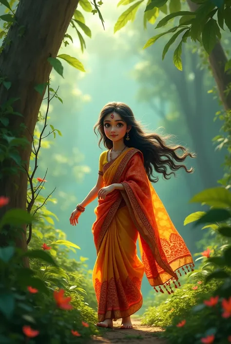 Bengali girl with saree and wearing churi in hands walking through jungle. A cute smile in her face