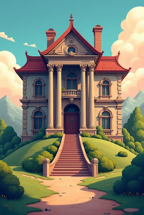 Old mansion with columns, cartoon illustration, rens book illustration , cartoon style illustration ,  digital illustration,  flat illustration , big view