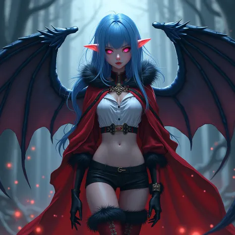 Appearance: Vampire girl.  Sky blue hair .  pink eyes . Pointed ears. Blue leather wings behind the back. 
 Clothing style :  a white shirt . red cloak. black fur . gloves.  Black shorts and stockings .  Red boots with fur.  Neck Collar .