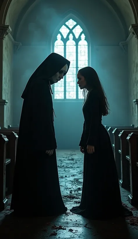 An intense battle between Valak, the demonic nun from The Nun, and Samara Morgan from The Ring. Set in a dark, abandoned gothic church, moonlight filters through shattered stained glass as the two iconic horror characters face off in a supernatural showdow...