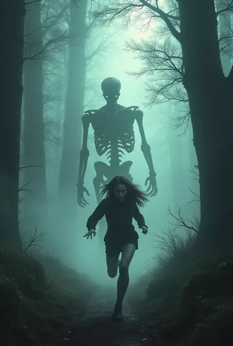 A frightened person running through the woods ,  with a tall, skeletal being partially appearing in the fog behind her.