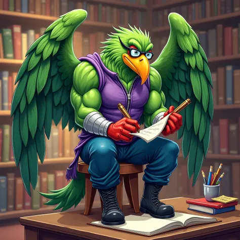 green muscular winged eagle in silver bracelets, black boots , wearing blue pants ,  in a purple zippered sleeveless sweater, wearing red gloves , with glasses in front of his eyes, he sits on a brown stool at a table in the library, writes cartoon-style p...