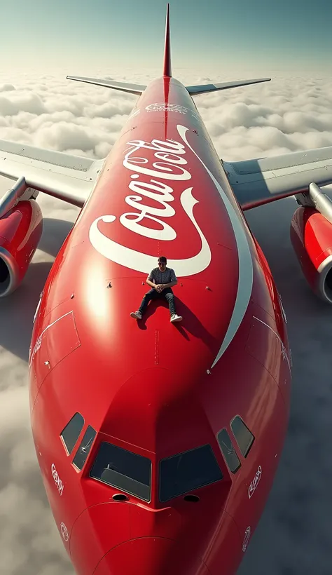 Big plane in red color & cocacola is writteon the plane. 2 men sitting on the wings of a plane .