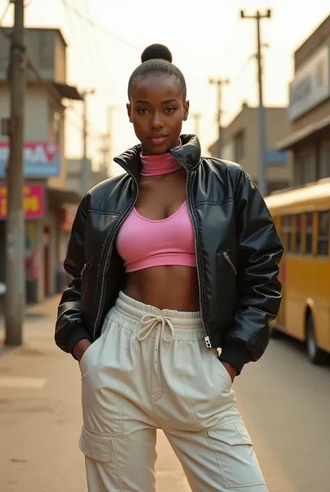 The image depicts a Nigerian female model wearing a streetwear outfit posed confidently in an urban Nigerian street setting.

Background

The background is a typical Nigerian street scene. The area features a slightly worn road with visible cracks and patc...