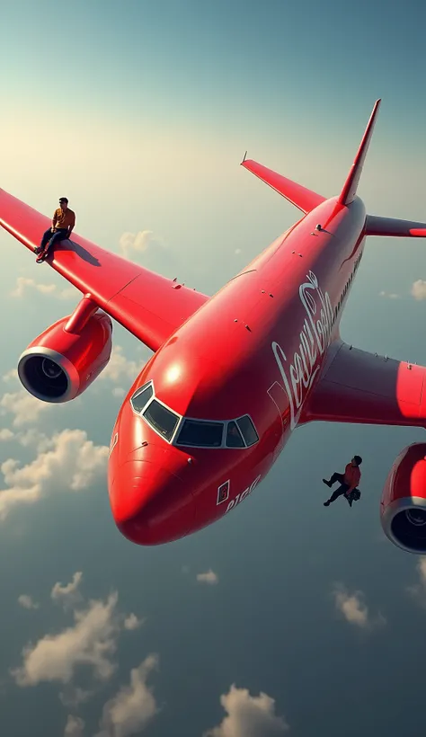 Big plane in red color & cocacola is writteon the plane. 2 men sitting on the wings of a plane .