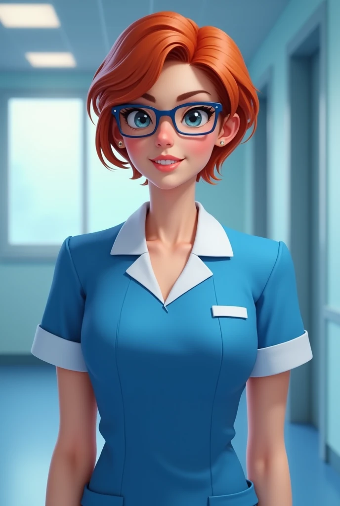 nurse in blue uniform and glasses with short red hair
