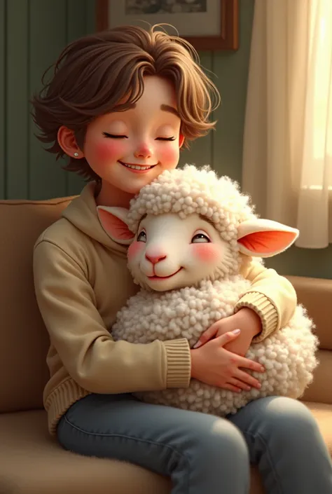 Cuddly sheep in the lap of a very happy human being 