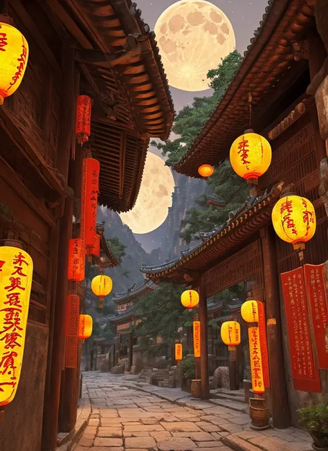 Official Art, Ancient China, Ancient Streets, (Lots of Fireflies), (Night), (Moon), Lights, Beautiful Landscapes, Epic Landscapes, Realistic Lighting, Masterpieces, High Quality, Beautiful Graphics, High Detail, Global Illumination, Unreal Engine Rendering...