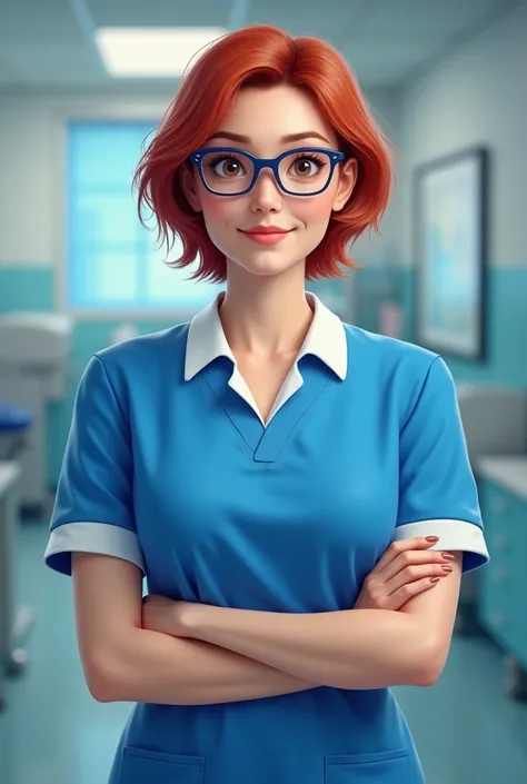 nurse in blue uniform and glasses with short red hair
