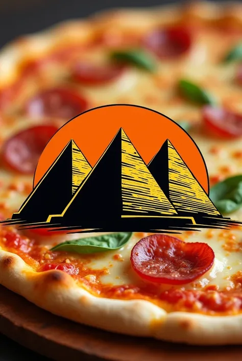 A logo for Pizzeria is called The Pyramids with the background I have a realistic pizza