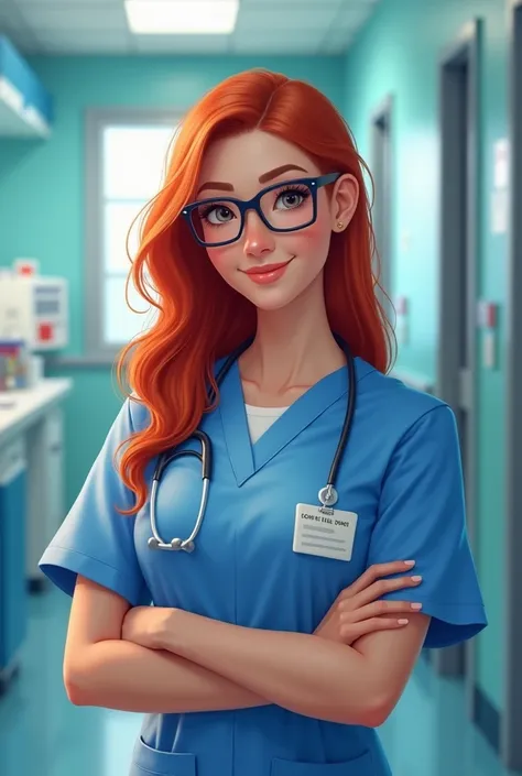 nurse in blue uniform and glasses with red hair and mane
