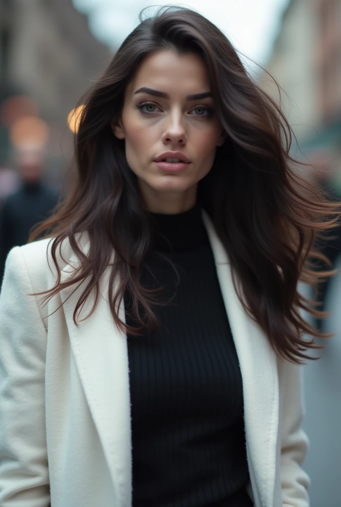 White-skinned woman from afar with dark wavy hair, wearing a black dress and a white winter blazer (describe everything in English) ... photo captured with professional DSLR camera, 64k, ultra detailed, bokeh lighting, surrealism. Ultra realistic human det...