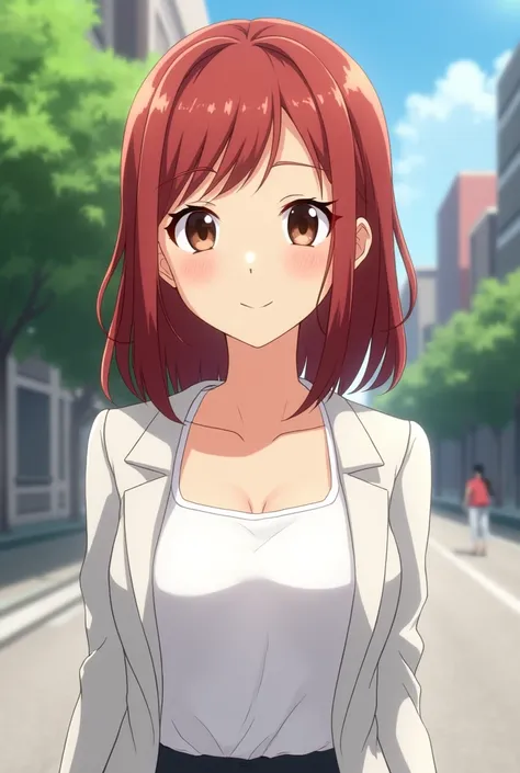 A close view of young anime woman standing outside on the street with trees behind, with shoulder-length reddish-brown hair and dark brown eyes, wearing white tank top with neckline and white office jacket, looking with smile