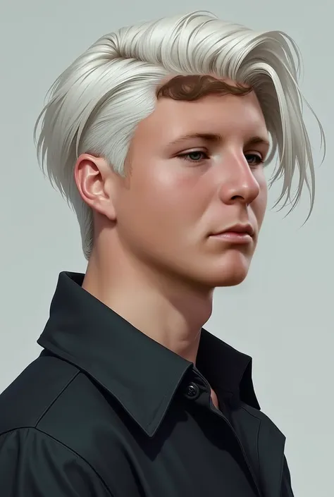 Make a realistic drawing of this guy in profile ,  he is white, has blue eyes and platinum white hair and is 21 years old. 