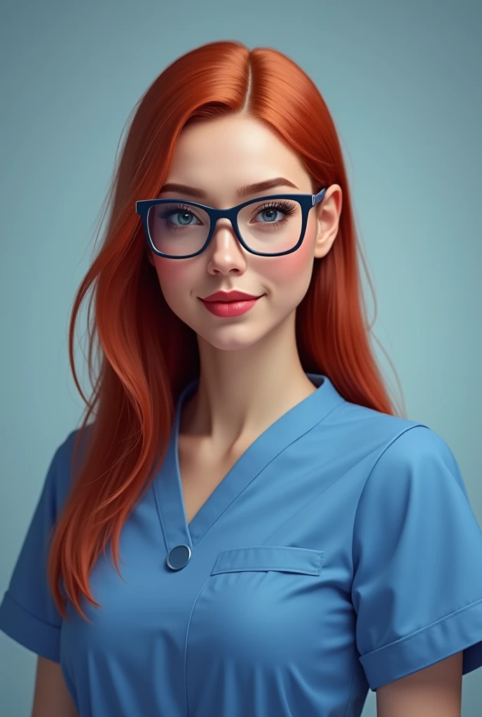 nurse in blue uniform and glasses with straight red hair up to her shoulders
