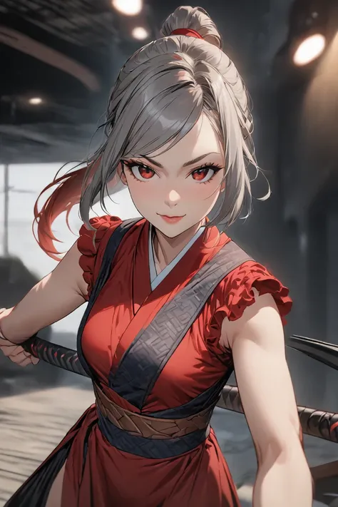 woman ,grey hair red tips ,  long ponytail , front onesided long hairbangs,  self-confident smile, DND clothes, Japanese scoundrel,  black brown red colors, Throwing weapons , ( masterpiece), ( best quality ), ( ultra detailed )