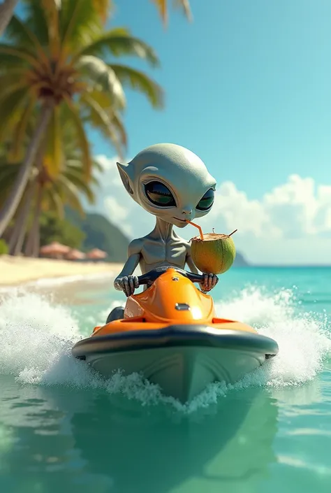 Create an alien alien on the beach riding a jetski drinking coconut water