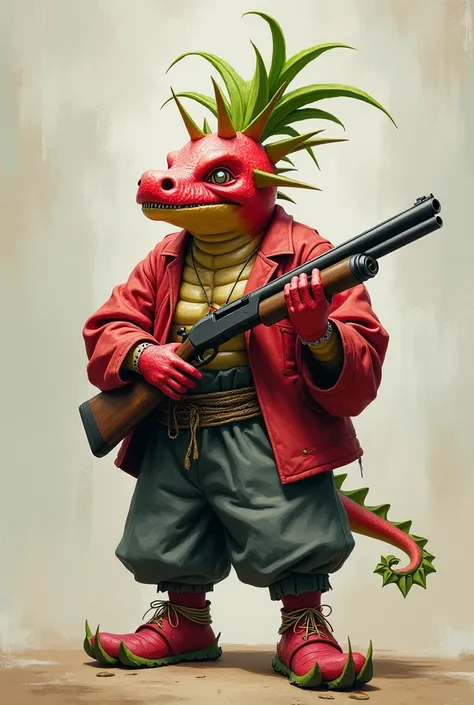 Make a dragon fruit with big human feet, holding a shotgun, wearing buggy clothes, with samurai hair, and glasses