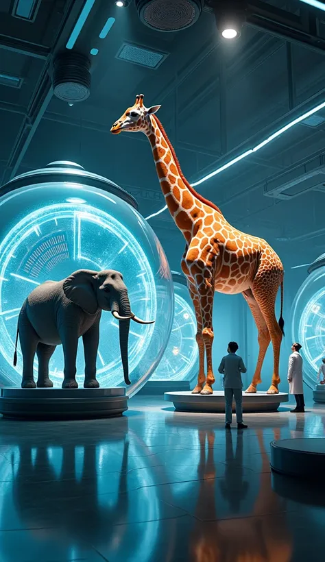 "In a futuristic bioengineering lab, a massive African elephant stands inside a spherical glass containment pod, its trunk gently swaying as faint blue lights reflect off the curved surface. Beside it, in another spherical chamber, a towering giraffe grace...