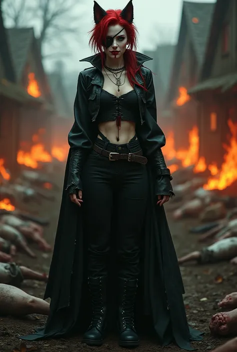 Beautiful older woman vampire, with one whole white eye, and an eye patch, dead bodies in the background, blood on her lips smiling, pale skin Dressed in gothic style, red hair Wolf cut, black pants and combat boots on her feet, burning village in the back...