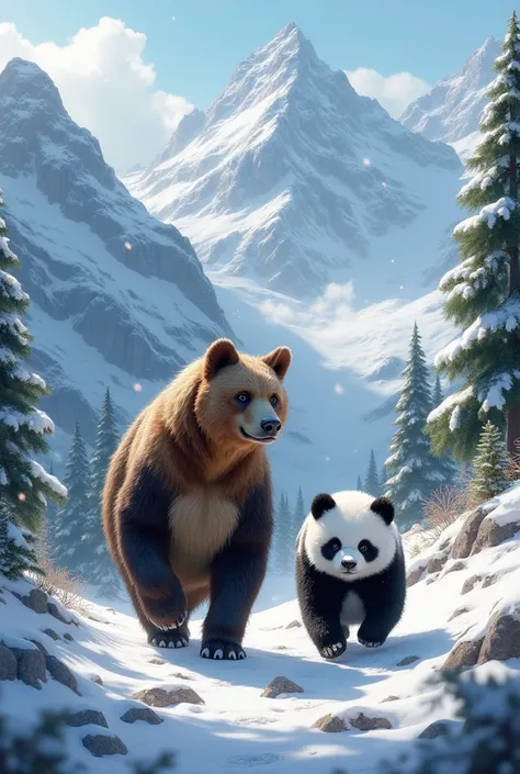 Two animals ,  a bear crossed with a dog trekking in the mountains with a skunk crossed with a panda