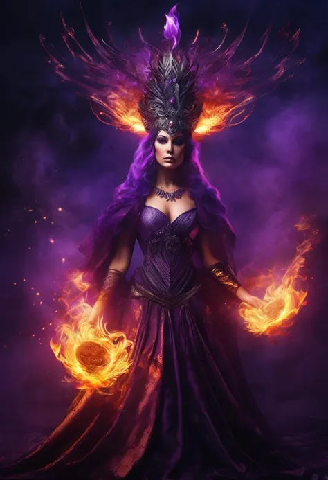 A woman in a purple dress with a fire headpiece, best quality, masterpiece, ultra high res, (photo realistic:1.4), surrealism, dream-like, V0id Energy all around, detailed face, Burning violet eyes, a fantasy creature, full body, Shadow dancing, shadow mag...