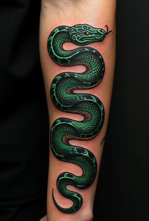 Design a black snake tattoo with intricate green details. The snakes body should elegantly coil around the arm, emphasizing a natural, dynamic flow that enhances the arms shape. Include realistic scales and shading for depth, with the green accents highlig...