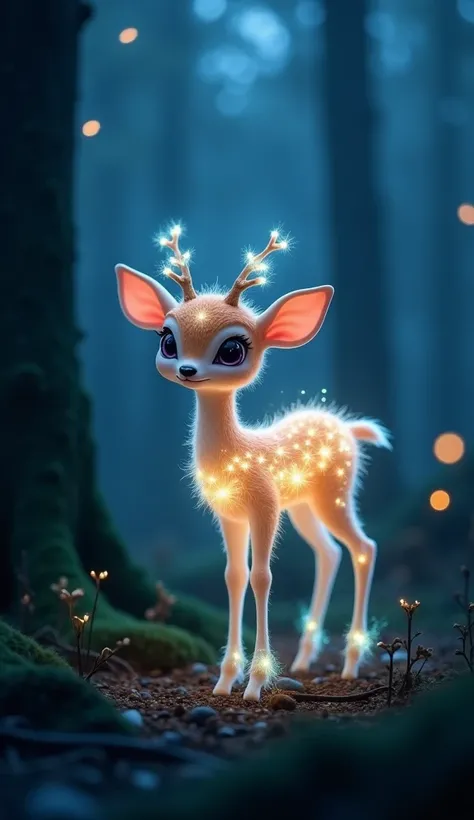 This image depicts a magical, glowing fawn-like creature standing in a forest. The fawns body sparkles with tiny, star-like lights, giving it an ethereal, otherworldly appearance. The setting is dark, with subtle blue hues that enhance the mystical ambianc...