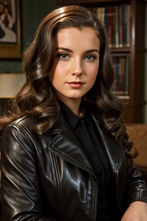 Medium view, of 24 year old, face portrait, jewish features, long hair, brown hair, 1940s hair style, tight black leather jacket over 1940s clothing, in cozy 1940s home.