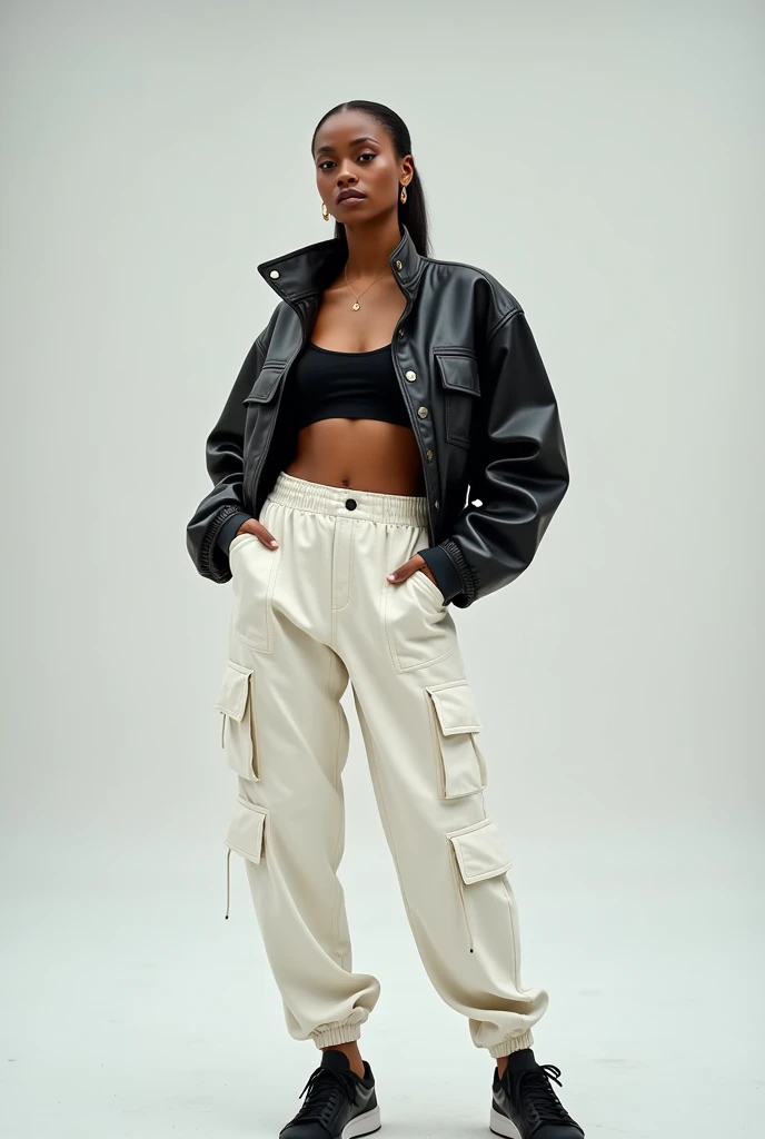 The image depicts a Nigerian female model wearing a streetwear outfit posed confidently in an urban Nigerian street setting.

Background

The background is a typical Nigerian photo shoot minimalist STUDIO 

Clothing Details

1. Jacket:

A crop, puffy leath...