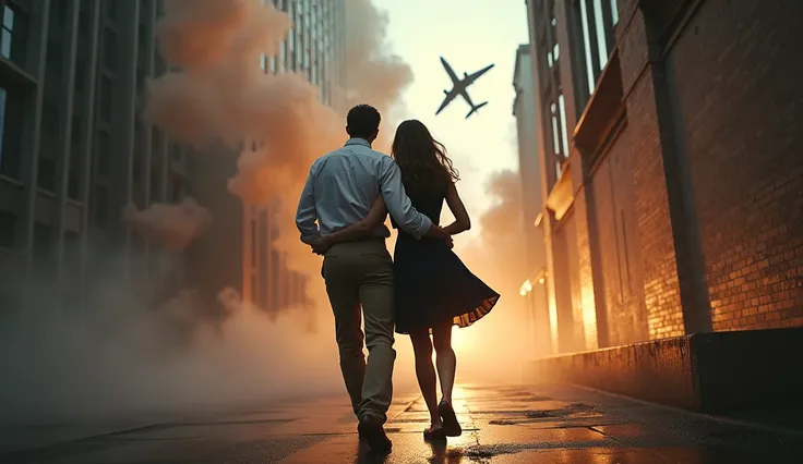 5.  Panic Scene with Lights and Smoke :
    * image:  A scene with intense lights and dense smoke surrounding ,  while the man is pulling the woman to safety.  The plane is visible in the distance ,  heading toward the building ,  creating extreme tension ...