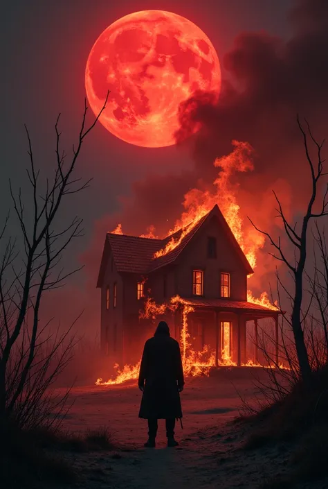 an arsonist burning a house under a dark, bloody red full moon in a deserted place filled with dead trees