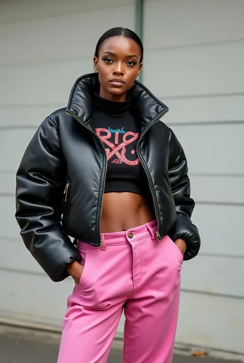 The image depicts a Nigerian female model wearing a streetwear outfit posed confidently in an urban Nigerian street setting.

Background

The background is a typical Nigerian photo shoot minimalist STUDIO 

Clothing Details

1. Jacket:

A crop, puffy leath...