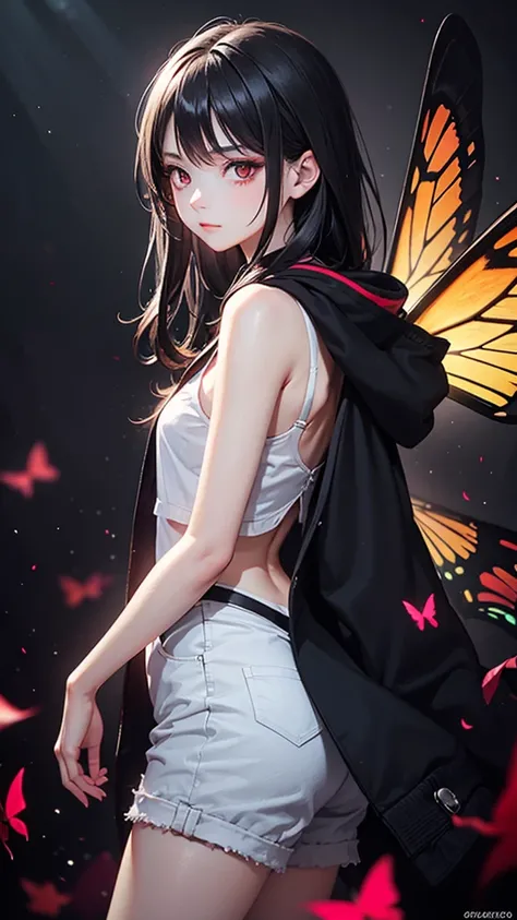 A captivating portrait of a girl with red eyes and black hair, wearing a hooded black jacket and black shorts. She has long hair, one eye covered, and a subtle yet confident expression with a closed mouth. A pair of glowing red butterfly wings, adding an e...